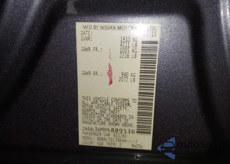 2015 Nissan Altima 2.5 Sl from USA, damaged, VIN 1N4AL3AP9FN889536